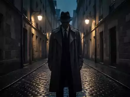 Eine schattenhafte Figur in einem Trenchcoat steht nachts in einer dunklen, regennassen Gasse, die Spionage andeutet. - Foto: über boerse-global.de
