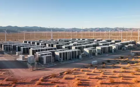 Große Batteriespeicheranlage in der Wüste mit Reihen moderner Energiespeichereinheiten unter klarem Himmel. - Foto: über boerse-global.de