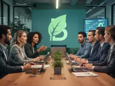 Eine Gruppe von Fachleuten arbeitet in einem modernen, nachhaltigen Büro zusammen, mit einem subtilen B-Corp-Symbol im Hintergrund. - Foto: über boerse-global.de
