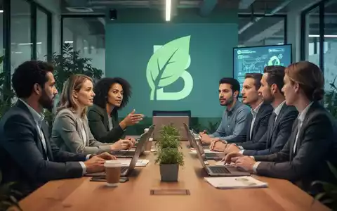 Eine Gruppe von Fachleuten arbeitet in einem modernen, nachhaltigen Büro zusammen, mit einem subtilen B-Corp-Symbol im Hintergrund. - Foto: über boerse-global.de
