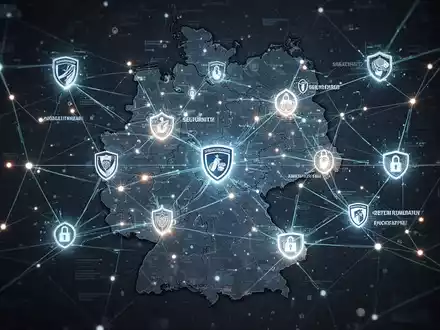 Eine stilisierte digitale Netzwerkkarte Deutschlands mit leuchtenden Knotenpunkten, die Sicherheitsbehörden repräsentieren und Datenfluss zeigen. - Foto: über boerse-global.de