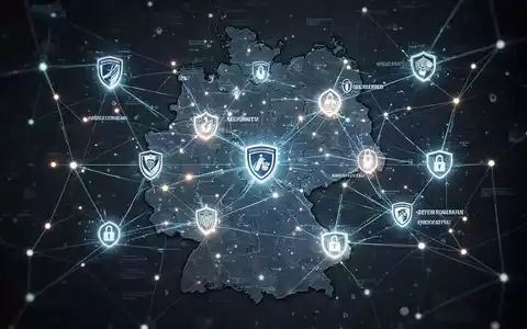 Eine stilisierte digitale Netzwerkkarte Deutschlands mit leuchtenden Knotenpunkten, die Sicherheitsbehörden repräsentieren und Datenfluss zeigen. - Foto: über boerse-global.de