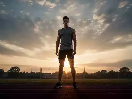 Ein Athlet steht bei Sonnenaufgang auf einer Laufbahn und symbolisiert mentale Stärke und den Erfolg im Sport. - Foto: über boerse-global.de