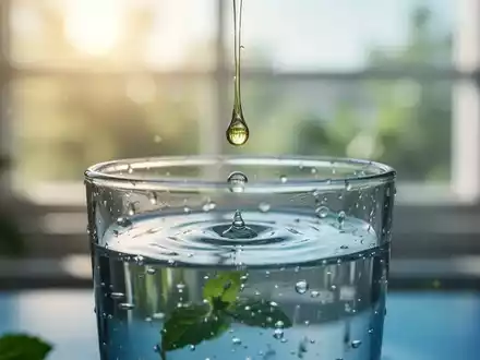 Ein Tropfen Pfefferminzöl fällt in ein Glas Wasser an einem sonnigen Tag, symbolisiert Kühlung und Blutdrucksenkung. - Foto: über boerse-global.de