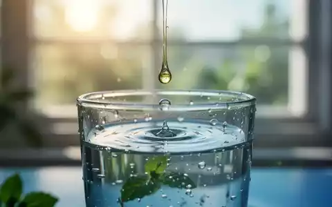 Ein Tropfen Pfefferminzöl fällt in ein Glas Wasser an einem sonnigen Tag, symbolisiert Kühlung und Blutdrucksenkung. - Foto: über boerse-global.de