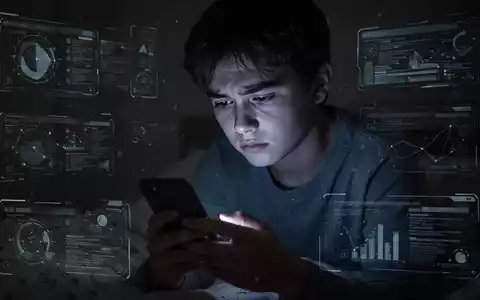 Ein nachdenklicher Jugendlicher, beleuchtet vom Smartphone-Licht in einem dunklen Raum, umgeben von digitalen Elementen. - Foto: über boerse-global.de