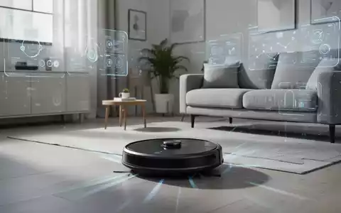 Ein moderner Saugroboter in einem aufgeräumten Wohnzimmer mit digitaler Benutzeroberfläche im Hintergrund, der Effizienz und Technologie symbolisiert. - Foto: über boerse-global.de