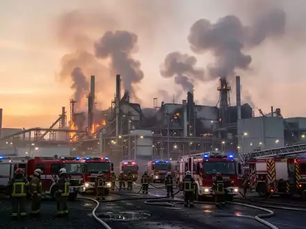 Rauch steigt von einer brennenden Entsorgungsanlage auf. Feuerwehrleute und Einsatzfahrzeuge sind im Vordergrund zu sehen. - Foto: über boerse-global.de