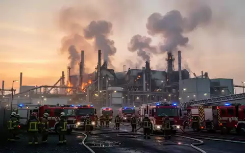 Rauch steigt von einer brennenden Entsorgungsanlage auf. Feuerwehrleute und Einsatzfahrzeuge sind im Vordergrund zu sehen. - Foto: über boerse-global.de