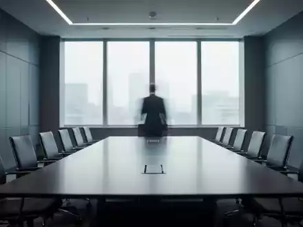 Ein stilisiertes, modernes Konferenzzimmer mit einer verschwommenen Figur am Kopf eines langen, leeren Tisches, das einen Abschied andeutet. - Foto: über boerse-global.de