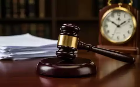 Ein Nahaufnahme eines Holzhammers auf einem dunklen Holztisch, mit unscharfen juristischen Dokumenten und einer Uhr im Hintergrund. - Foto: über boerse-global.de