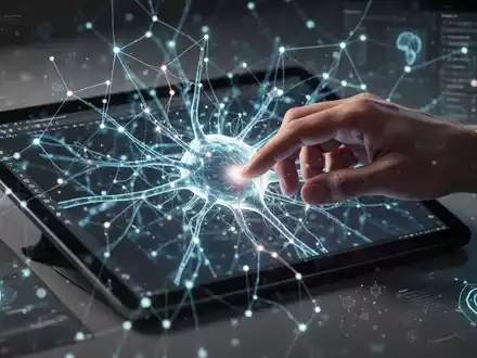 A hand interacting with a tablet displaying a photo editing interface, with abstract glowing lines representing AI processing. - Foto: über boerse-global.de