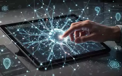 A hand interacting with a tablet displaying a photo editing interface, with abstract glowing lines representing AI processing. - Foto: über boerse-global.de