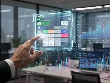 A hand interacts with a glowing Excel Slicer on a holographic screen, displaying financial data and charts. - Foto: über boerse-global.de