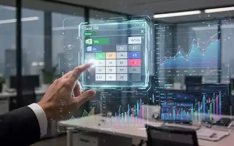 A hand interacts with a glowing Excel Slicer on a holographic screen, displaying financial data and charts. - Foto: über boerse-global.de