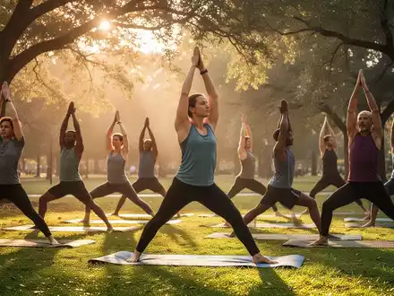 Eine vielfältige Gruppe von Menschen praktiziert Yoga im Freien in einem ruhigen Park bei Sonnenaufgang, mit Bäumen und sanftem Licht. - Foto: über boerse-global.de