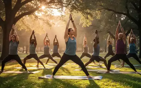 Eine vielfältige Gruppe von Menschen praktiziert Yoga im Freien in einem ruhigen Park bei Sonnenaufgang, mit Bäumen und sanftem Licht. - Foto: über boerse-global.de