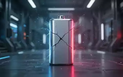 Eine einzelne, beschädigte Lithium-Ionen-Batteriezelle mit Riss und schimmerndem Licht vor verschwommenem Industriehintergrund. - Foto: über boerse-global.de