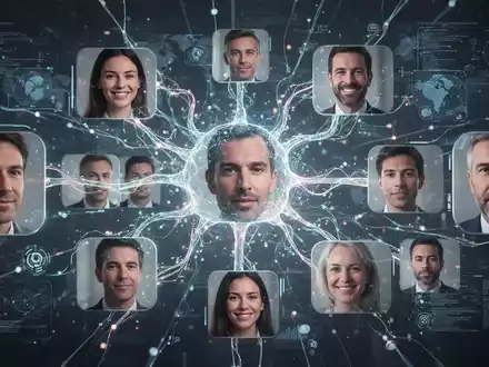 Abstract representation of AI live speech translation, showing glowing neural pathways connecting diverse faces, symbolizing global communication. - Foto: über boerse-global.de