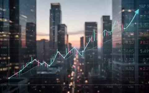 Ein stilisierter Finanzgraph, der einen Aufwärtstrend zeigt, überlagert von einem S&P 500 Ticker vor einem Finanzviertel bei Dämmerung. - Foto: über boerse-global.de