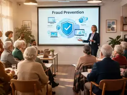 A diverse group of people, including seniors, at a community seminar learning about fraud prevention from a financial expert. - Foto: über boerse-global.de