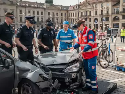 Menschen nehmen an einem Verkehrssicherheitstraining teil, mit einem Überschlagssimulator, Pedelec-Simulatoren und Erste-Hilfe-Ausrüstung. - Foto: über boerse-global.de