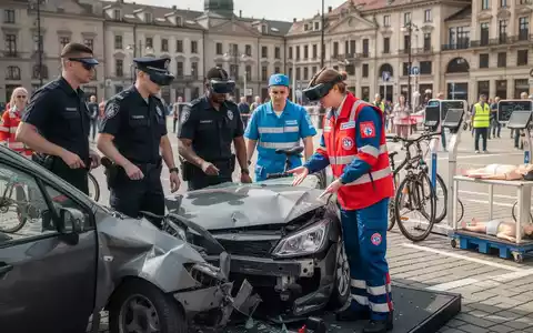 Menschen nehmen an einem Verkehrssicherheitstraining teil, mit einem Überschlagssimulator, Pedelec-Simulatoren und Erste-Hilfe-Ausrüstung. - Foto: über boerse-global.de