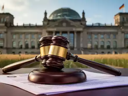 Ein Richterhammer liegt auf juristischen Dokumenten vor dem unscharfen Hintergrund des Reichstagsgebäudes. - Foto: über boerse-global.de