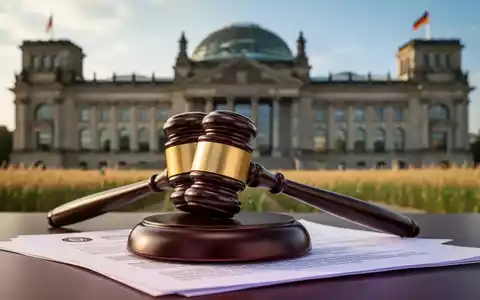 Ein Richterhammer liegt auf juristischen Dokumenten vor dem unscharfen Hintergrund des Reichstagsgebäudes. - Foto: über boerse-global.de