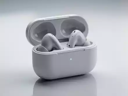 Sleek white wireless earbuds and their round charging case on a reflective surface, emphasizing a minimalist design. - Foto: über boerse-global.de