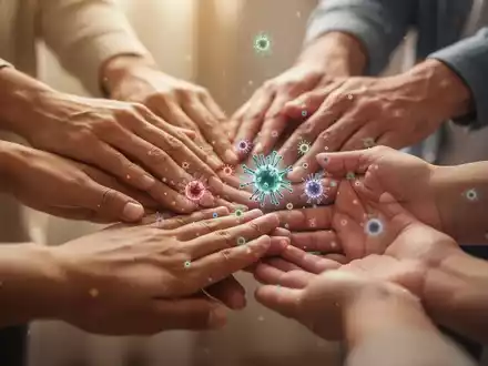 Nahaufnahme mehrerer Hände, die sich sanft berühren, symbolisiert den Austausch von Mikroben in einem Haushalt. - Foto: über boerse-global.de