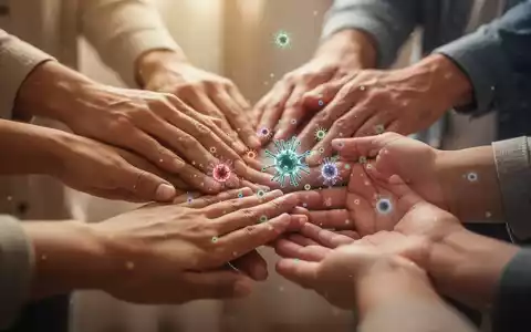 Nahaufnahme mehrerer Hände, die sich sanft berühren, symbolisiert den Austausch von Mikroben in einem Haushalt. - Foto: über boerse-global.de