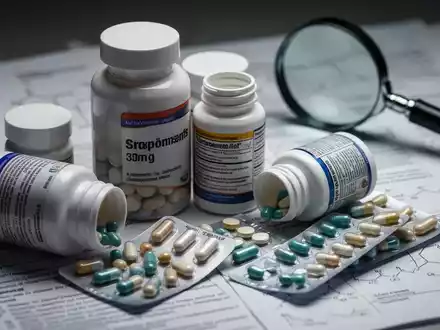 Nahaufnahme von Nahrungsergänzungsmitteln in Flaschen und Blisterpackungen, mit unscharfem Hintergrund von Dokumenten und Lupe. - Foto: über boerse-global.de