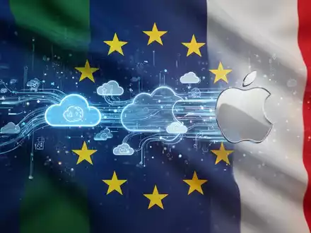 The EU flag with digital data and cloud icons intertwining with an abstract Apple logo against an Italian flag backdrop, symbolizing regulation. - Foto: über boerse-global.de
