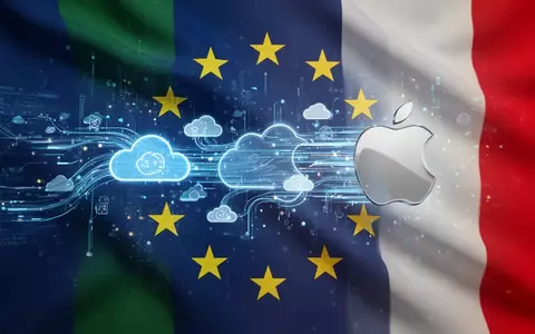 The EU flag with digital data and cloud icons intertwining with an abstract Apple logo against an Italian flag backdrop, symbolizing regulation. - Foto: über boerse-global.de
