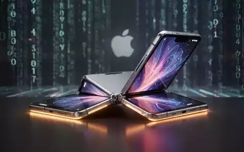 A partially folded smartphone with a visible hinge and a glowing internal display, against a background of abstract digital code. - Foto: über boerse-global.de
