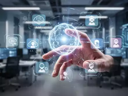 A futuristic hand interacting with a holographic interface displaying AI agent icons, symbolizing Microsoft's Solara platform. - Foto: über boerse-global.de