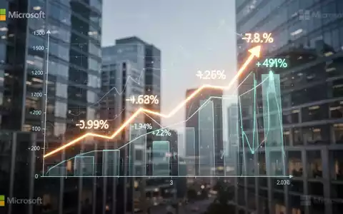 A glowing digital bar chart shows rising financial data points and percentage increases, set against a blurred backdrop of modern office buildings. - Foto: über boerse-global.de