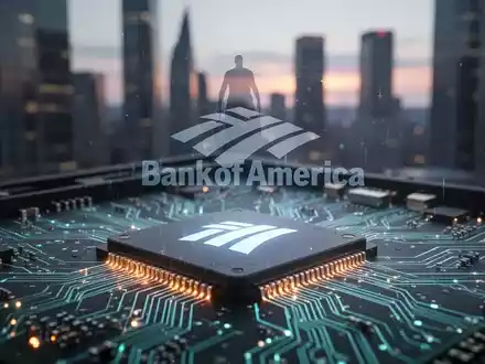 Ein Mikrochip mit leuchtenden Schaltkreisen, überlagert vom Bank of America Logo, vor einer verschwommenen Stadtlandschaft. - Foto: über boerse-global.de