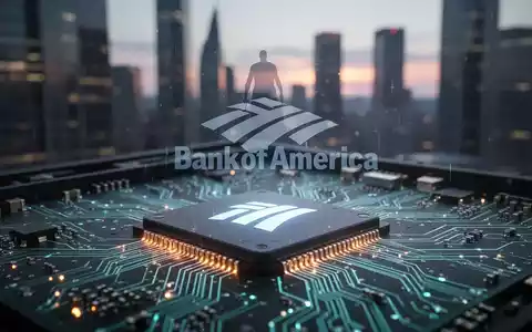 Ein Mikrochip mit leuchtenden Schaltkreisen, überlagert vom Bank of America Logo, vor einer verschwommenen Stadtlandschaft. - Foto: über boerse-global.de