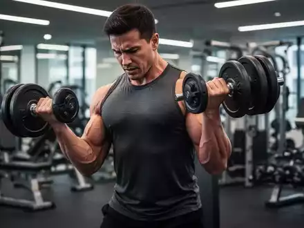 Eine Person beim Krafttraining mit Kurzhanteln in einem modernen Fitnessstudio, umgeben von verschwommenen Trainingsgeräten. - Foto: über boerse-global.de