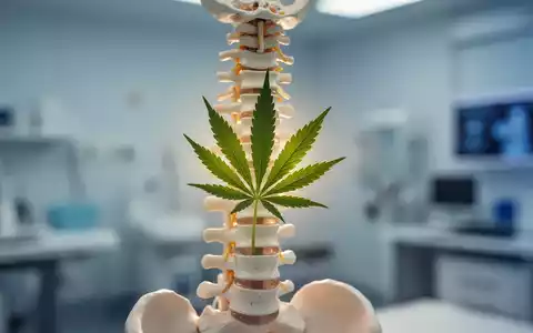 Ein detailliertes Modell der menschlichen WirbelsĂ€ule, kombiniert mit einem zarten Cannabisblatt, das medizinische Innovation und Schmerzlinderung darstellt. - Foto: ĂŒber boerse-global.de
