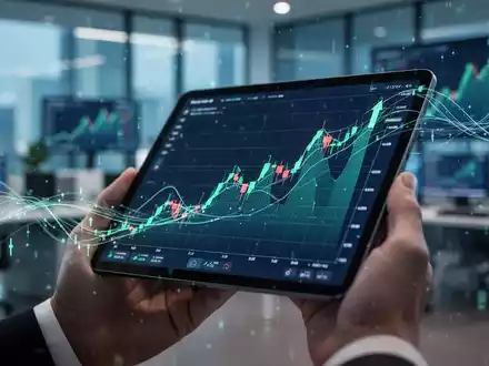 Nahaufnahme einer Hand, die ein Tablet mit Finanzdiagrammen hält, im Hintergrund verschwommene Büroumgebung. - Foto: über boerse-global.de