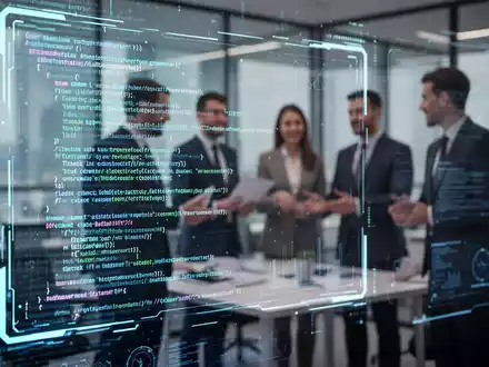 A stylized digital interface with abstract code and data, representing AI development, with blurred figures of professionals in the background. - Foto: über boerse-global.de