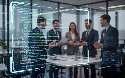 A stylized digital interface with abstract code and data, representing AI development, with blurred figures of professionals in the background. - Foto: über boerse-global.de