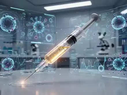 Eine futuristische Spritze mit leuchtender Flüssigkeit in einem High-Tech-Labor, umgeben von abstrakten biologischen Datenvisualisierungen. - Foto: über boerse-global.de