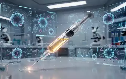 Eine futuristische Spritze mit leuchtender Flüssigkeit in einem High-Tech-Labor, umgeben von abstrakten biologischen Datenvisualisierungen. - Foto: über boerse-global.de