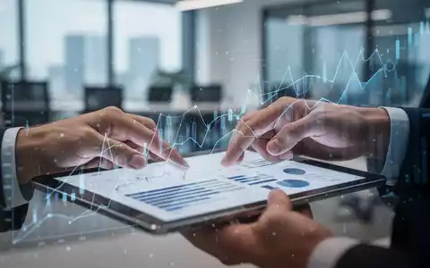 Nahaufnahme von Händen, die ein Tablet mit Finanzdaten und Diagrammen halten, im Hintergrund ein unscharfes Büro. - Foto: über boerse-global.de