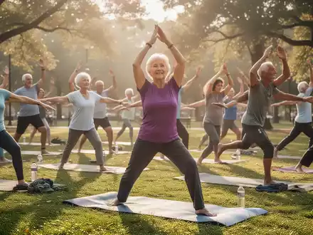 Eine Gruppe von Senioren und Erwachsenen praktiziert Yoga in einem sonnigen Park, der Fokus liegt auf Bewegung und Gesundheitsförderung. - Foto: über boerse-global.de