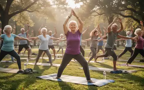 Eine Gruppe von Senioren und Erwachsenen praktiziert Yoga in einem sonnigen Park, der Fokus liegt auf Bewegung und Gesundheitsförderung. - Foto: über boerse-global.de